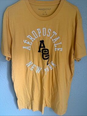 Aeropostale Men's Mustard Yellow Graphic Tee with Navy Logo